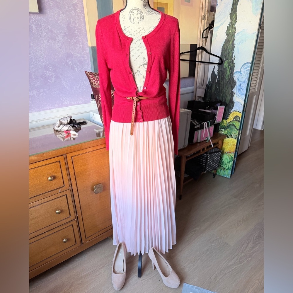 WHOLE OUTFIT  SILK/CASHMERE Red Sweater Pink Pleated Skirt Nude Stilettos 👠